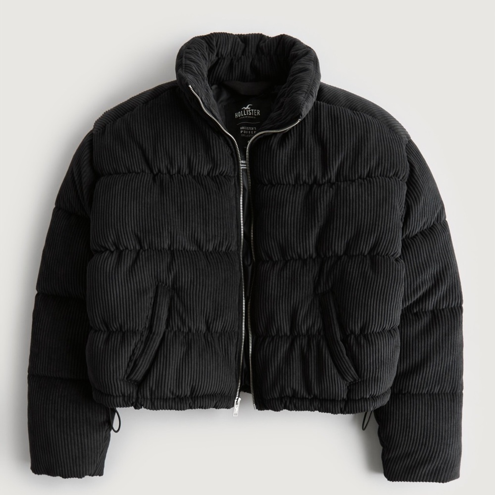 Hollister Puffer Collection Corduroy Mock-Neck Puffer Jacket black NWT